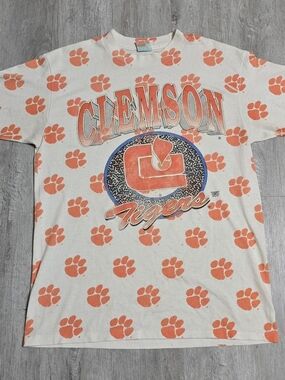 Vintage 90s Clemson Tigers AOP Orange Paw Print Graphic Single Stitch USA Large